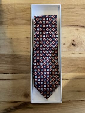 Christian Dior Monsieur Silk Tie Red Navy Geometric Pattern With Box